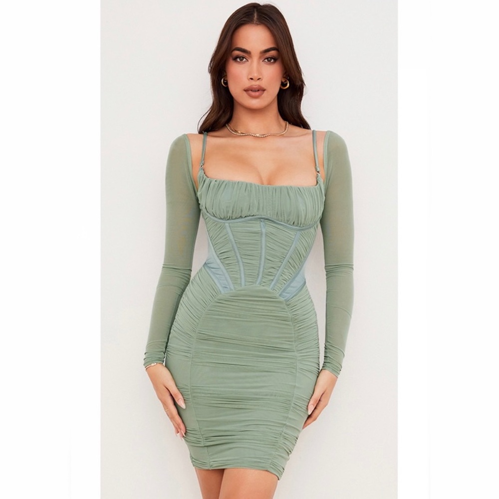 House of CB Sage Green Ruched Dress